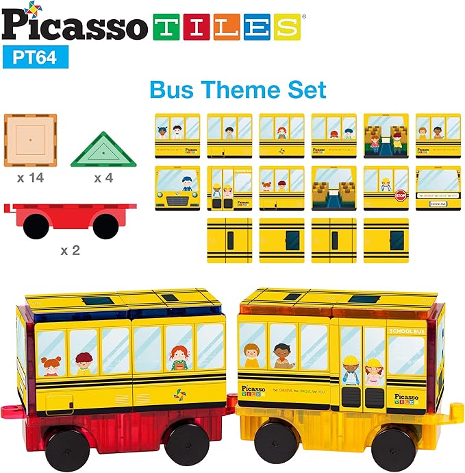 PicassoTiles Magnet Building Blocks STEM Learning Construction Toy Set Early Education Kit 3-in-1 Rocket, School Bus, Train Theme Stick-On Puzzle Pretend Play Magnetic Tiles Kids Building Block Toys