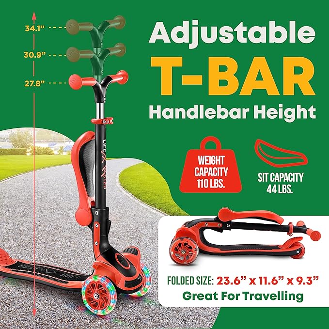 Kids Scooter – Foldable Seat – LED Wheel Lights Illuminate When Rolling – Children and Toddler 3 Wheel Kick Scooter – Adjustable Handlebar – Indoor and Outdoor- by Lifemaster