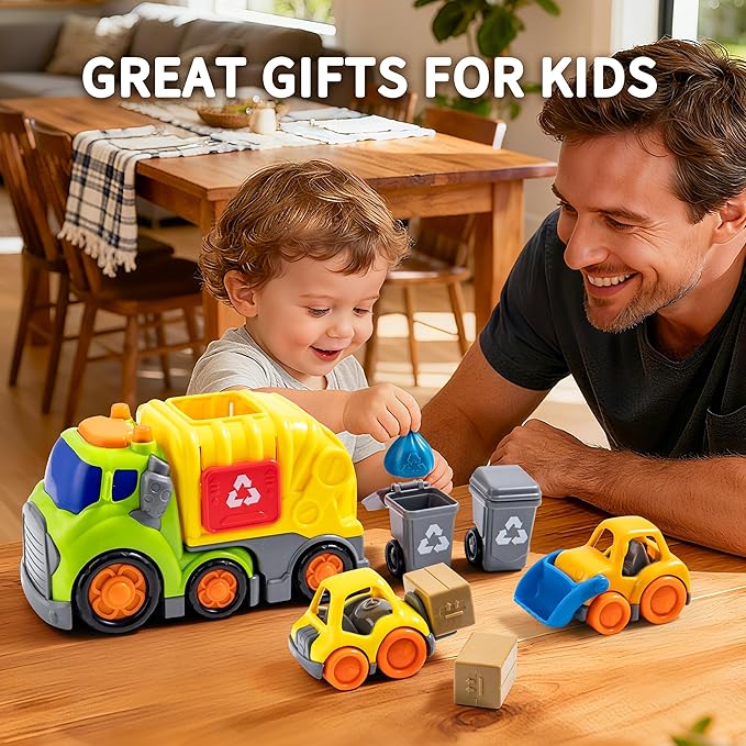 P&C 7.5" Toddlers Garbage Truck Toys for Ages 2-4, City Vehicle Trash Truck Car Set with Sounds and Lights for Kids 18M+, 2, 3, 4 Year Old, Ideal Birthday Christmas Gifts for Boys Girls