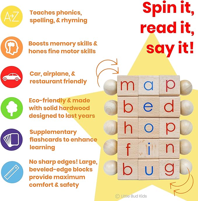 LITTLE BUD KIDS Spin-and-Read Montessori Phonetic Reading Blocks with CVC Phonics Flashcards for Beginner Readers, Montessori Reading Wooden Toys for 3 Years +