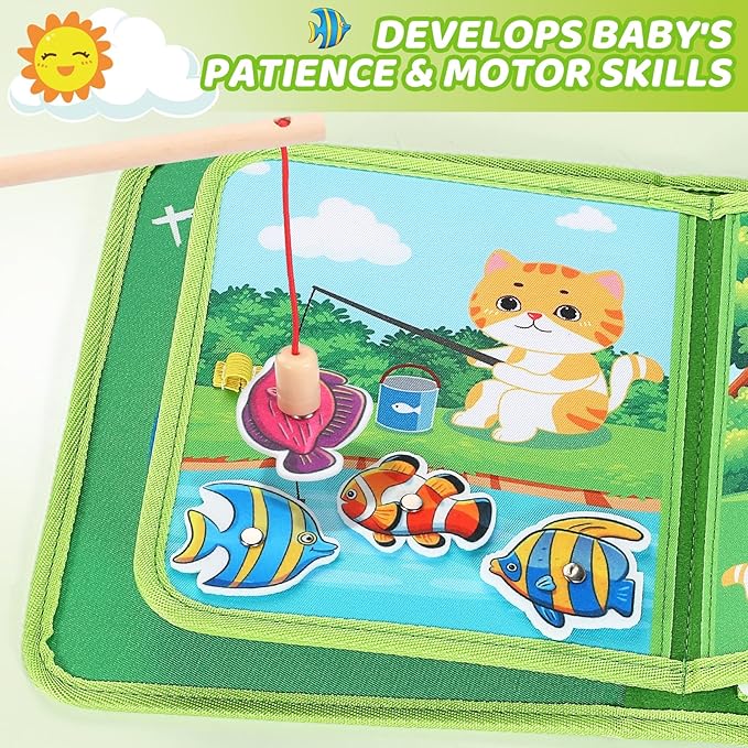 Busy Book for Toddlers 1-3,Montessori Plane Toys Busy Board for 1 Year Old with Fishing Game Finger Puppet Motor Skill,Educational Learning Quiet Activity Sensory Book, 1 2 3 4 Boy Girl Birthday Gift