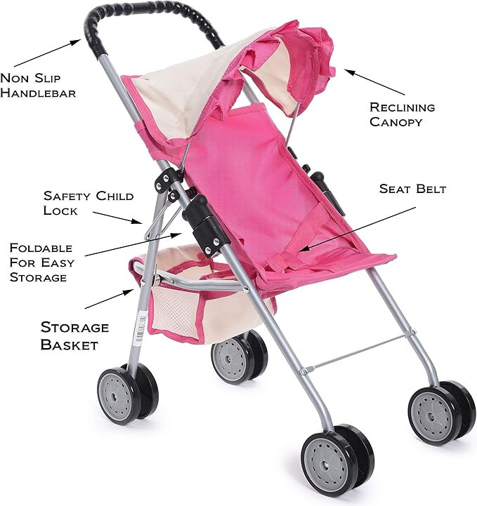 fash n kolor My First Doll Stroller with Basket - Pink Off-White Foldable Doll Stroller - Fits Upto 18" Dolls, 2 Free Magic Bottles Included
