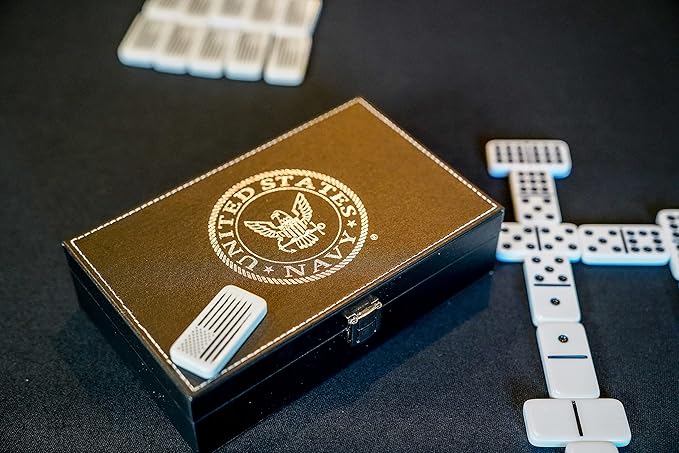 US Navy Double Nine Dominoes Set in Leather Box for Families and Kids Ages 8 and up - Play Chicken Foot, Mexican Train - Veteran Owned Business