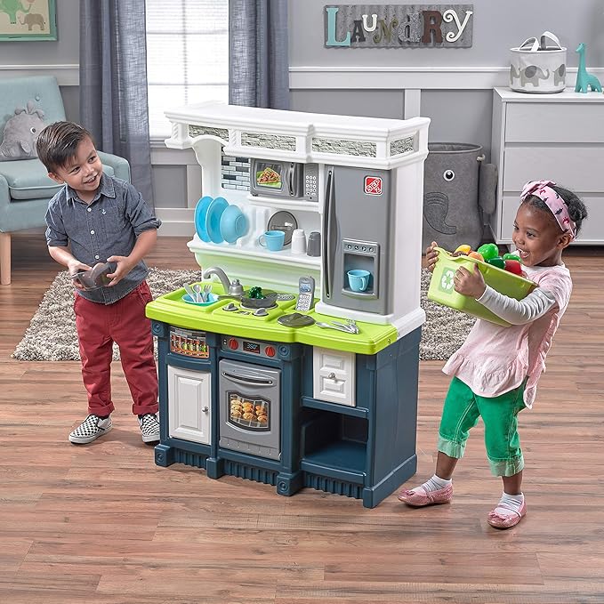 Step2 Lifestyle Custom Kids Kitchen Playset, Indoor/Outdoor Kitchenette, Interactive Play with Lights and Sounds, Made of Durable Plastic, 20 Piece Toy Accessories, Toddlers 2+ Years Old, Blue