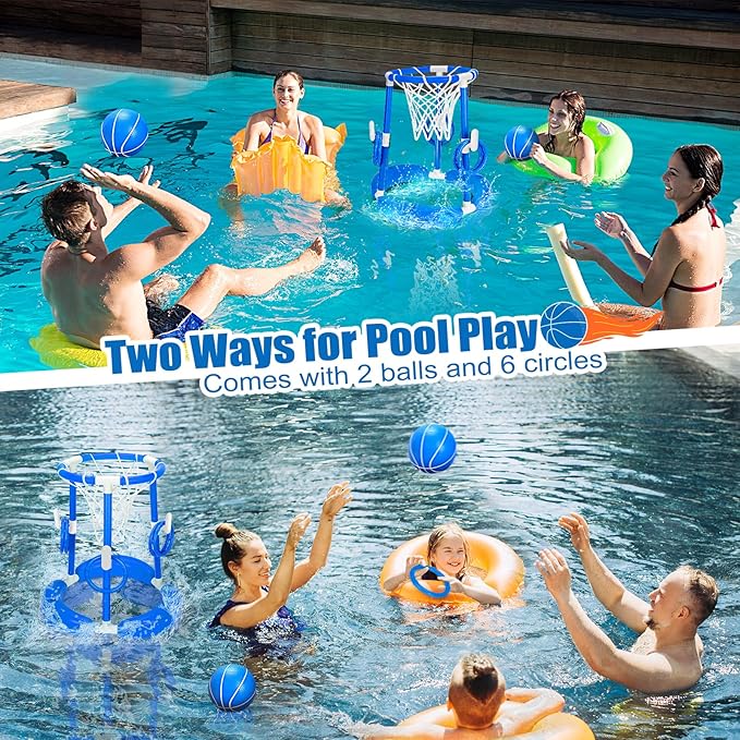 GMAOPHY Pool Basketball Hoop, 2-in-1 Poolside Floating Pool Basketball Game, Swimming Pool Games for Kids Adults Indoor Outdoor Play, Water Play Toy Family Party, Includes Hoop, Balls, Pump, Blue