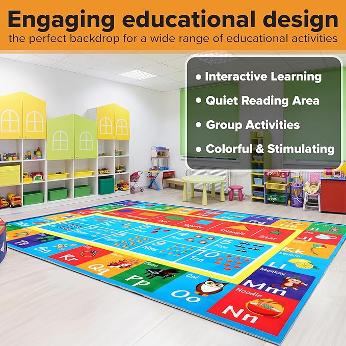 Hudson Comfort Classroom Rug 8x10 - Rugs for Elementary, Daycare, Nursery, and Playroom - Super Soft Non-Slip Carpet - Kids Fun Floor Mat for Playtime (Alphabet)