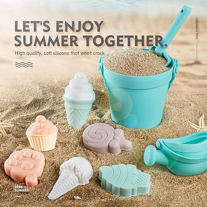 MarcZero 17Pcs Silicone Beach Toys,Modern Baby Beach Toys,Travel Friendly Beach Set,Silicone Bucket, Watering Can, Shovel, 12 Sand Molds, Beach Bag,Silicone Sand Toys for Toddlers, Kids (Mint Green)
