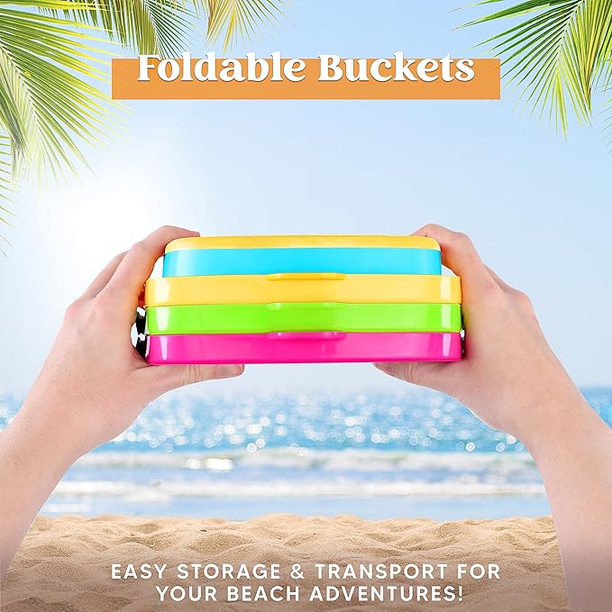 Sloosh 3 PCS Foldable Buckets with 3 Shovels Sand Water Bucket Sandbox Square Party in Summer Foldable Pail Silicone Collapsible Bucket Kids Beach Toys Travel (Yellow/Blue/Green)