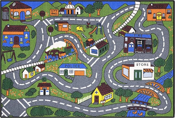 Ottomanson 3'3" x 5' Kids Road Map Rug - Interactive City Traffic Play Mat for Toy Cars - Perfect for Playroom, Bedroom, Daycare & Classroom - Durable & Non-Slip for High-Traffic Areas, Multicolor
