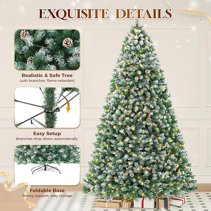 HOLLO STAR 12 ft Prelit Christmas Tree with 904 LED Lights, App Control, Artificial Christmas Tree, Multi-Color RGBW Lights, 3885 Flocked Frosted Tips, 152 Pine Cones, for Villa, Mall, Party