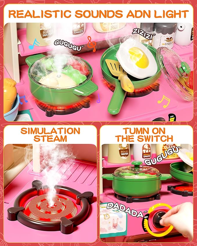 33.8IN - 70PCS Kids Kitchen Playset with Sound & Light - Cooking Stove with Steam, Play Sink and Toy Kitchen Accessories - Pretend Kitchen Play Food Toys for Kids Boys Girls - Toddler Play Kitchen Set