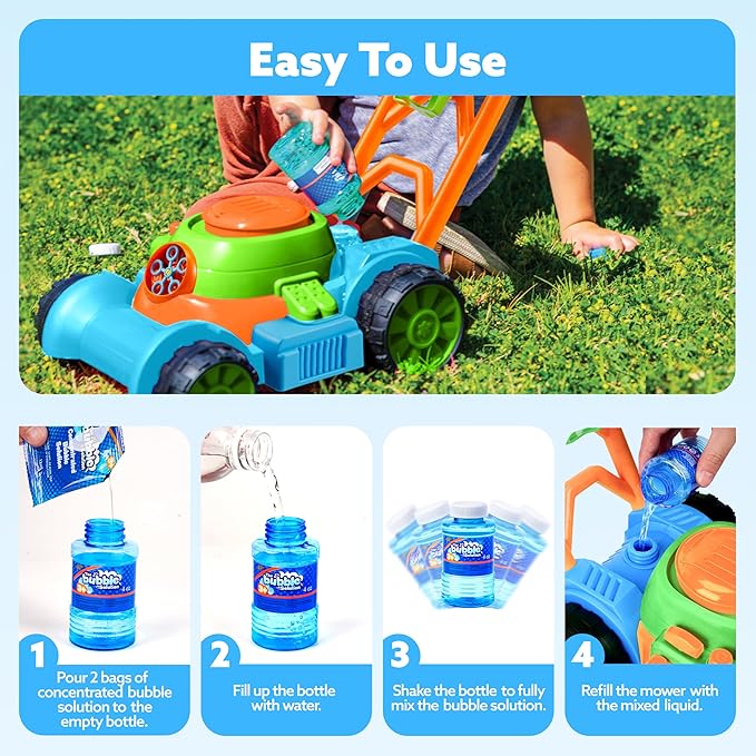 SLOOSH Bubble Lawn Mower Toddler Toys - Kids Bubble Machine Summer Outdoor Push Toy Games, Backyard Garden Outside Play Toddlers Preschool Boys Girls Birthday Gifts (Blue)