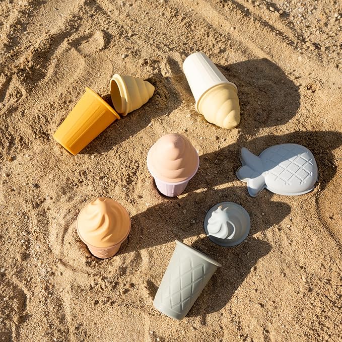 BLUE GINKGO Ice Cream Sand Toys - Silicone Beach Toy Ice Cream Set of 4 | Easy Clean, Travel-Friendly | Sand, Bath, Beach Toys for Toddlers and Children (Sunsoaked Multi Pack)