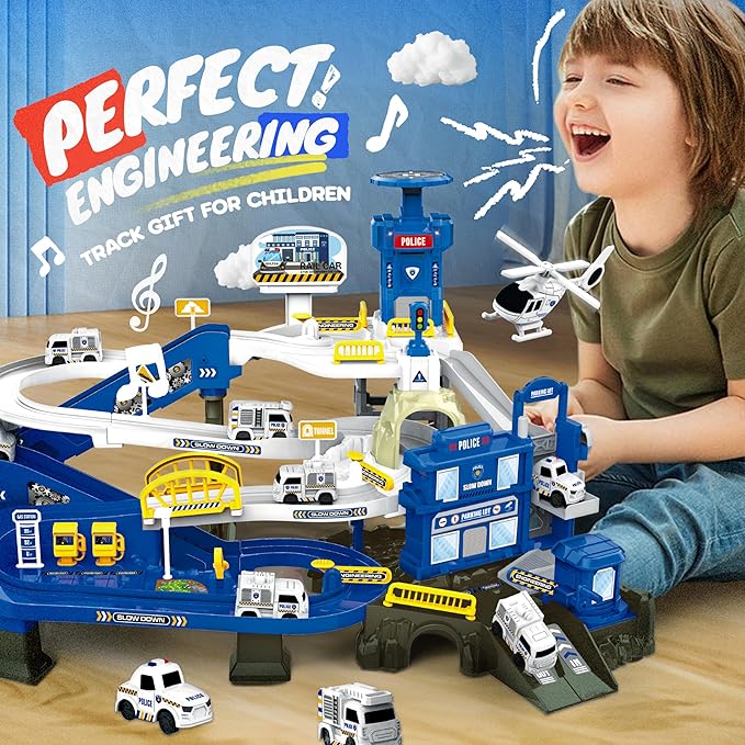 Race Tracks for Kids Ages 3-5, SMILESSKIDDO 73 PCS Police Car Tracks Toys Gifts for Boys Kids with Music and Engineering Scene Simulation, Construction Car Toddler Boy Toys Gift for Ages 3+