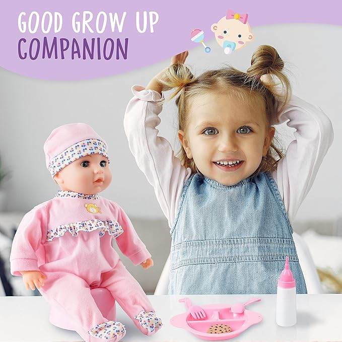 SMILESSKIDDO Interactive Baby Doll Pink - 16 Inch Crying Talking Feeding Dolls with Different Sounds and Accessories, Pretend Play Preschool Toys for 2 3 4 5+ Year Old Girls Boys Gift