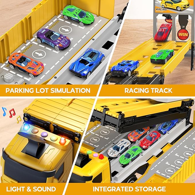 Carrier Truck Race Track Kids Toys, Foldable 3 Layer Toddler Track Playset, Toy Truck Transport Car Carrier & 8 Race Cars, Truck Car Toddlers Toys B-Day Gifts for Age 3 4 5 6+ Years Old Boys Girls