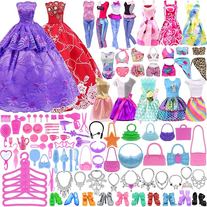 Ecore Fun 120 Pcs Fashion Doll Closet Wardrobe for Doll Clothes and Accessories Storage Include Clothes, Dresses, Shoes, Shoes Rack, Bags, Necklace, Hangers for 11.5 Inch Girl Doll Clothes