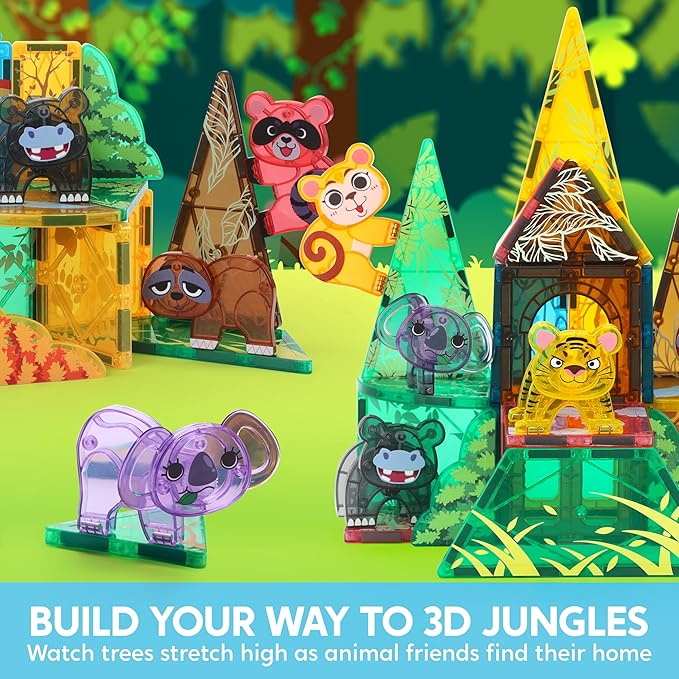 SYNCFUN Magnetic Building Tiles Jungle Animal Set for Kids, 50PCS Including 7 Cute Animals, Educational STEM Toy for Boys & Girls Ages 3-5 4-8, Christmas Birthday Party Gift for Toddlers