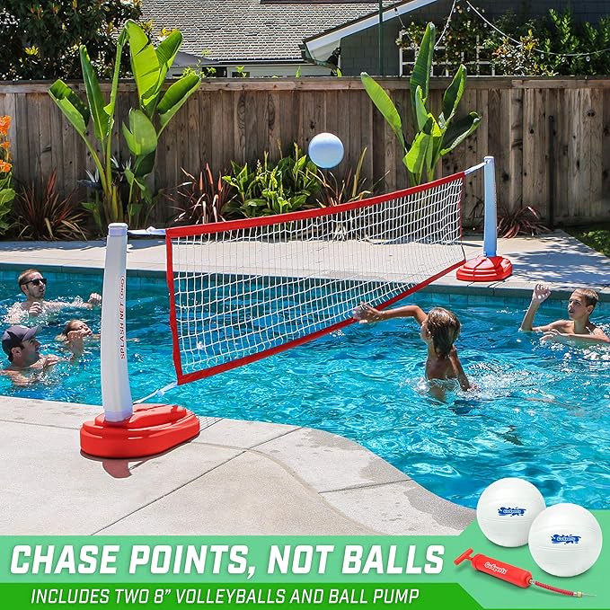 GoSports Splash Net PRO Pool Volleyball Net - Red, White, or Blue - Includes 2 Water Volleyballs and Pump