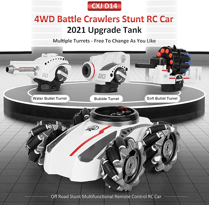 CXJ 3 Head RC Tank Car, Kids 4WD Battle Stunt Car, Blow Bubble, Shoot Foam Darts, 360Rotating, LEDs, Music, Toy Gifts for 6-15 Years Old Boys Girls