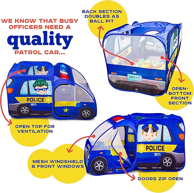 Police Car Pop Up Play Tent with Sound Button and Policeman Officer Costume for Kids, Toddlers, Boys, Girls, Indoors & Outdoors – Playhouse for Interactive Fun - Foldable, Quick Setup Pretend Play