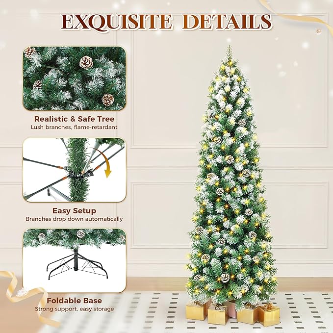 HOLLO STAR 9 ft Prelit Christmas Tree with 500 LED Lights, App Control, Slim Pencil Christmas Tree, Multi-Color RGBW Lights, 1426 Flocked Frosted Tips, Xmas Tree, 95 Pine Cones, for Home, Party