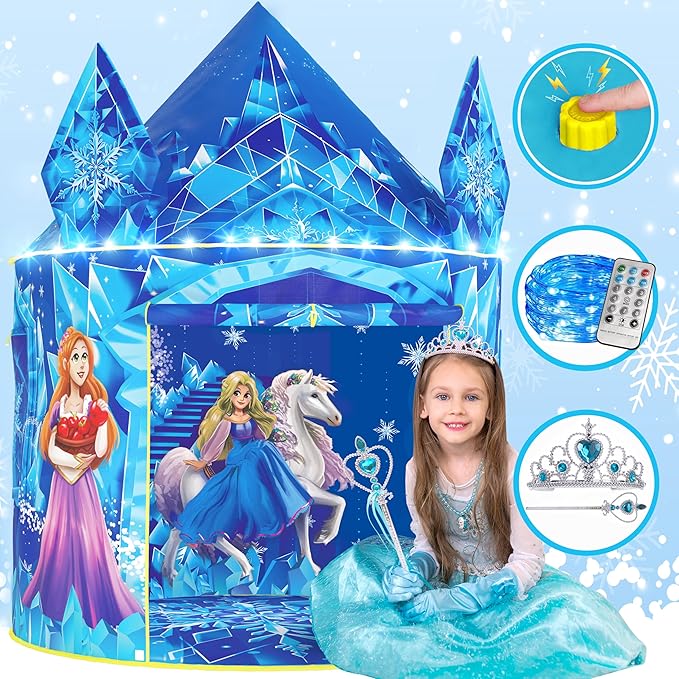 W&O Frozen Princess Tent for Girls with Magical Sound Button, LED Lights, Crown & Wand โ Indoor & Outdoor Frozen Tent for Girls Ages 3-7