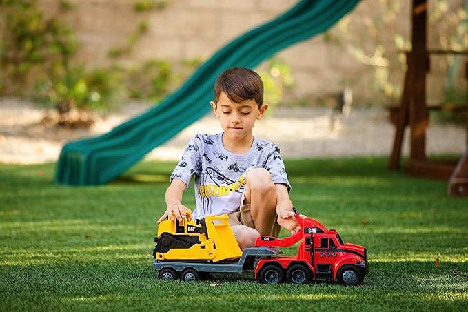 CAT Construction Toys, Heavy Movers, Semi Firetruck and Trailer with Bulldozer, Lights & Sounds, Ages 3 and up