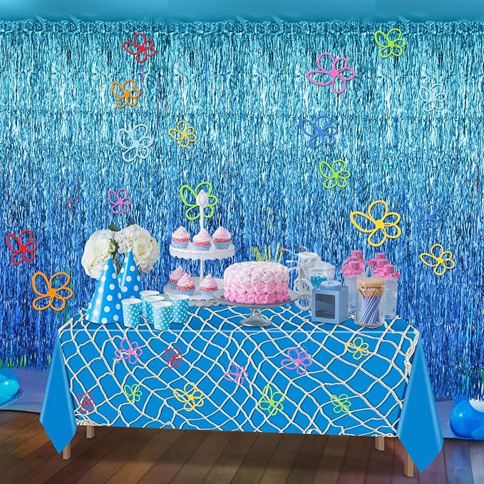 35 Pcs Sponge Party Decorations Include Blue Tinsel Foil Fringe Curtain Backdrop, 80 x 40 Inch Fish Net Decor, Flowers Bubble Wall Decals Photo Props for Pool Sea Birthday Party Supplies