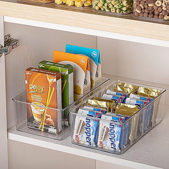 Vtopmart 2 Pack Food Storage Organizer Bins, Clear Plastic Bins for Pantry, Kitchen, Fridge, Cabinet Organization and Storage, 4 Compartment Holder Packets, Snacks, Pouches, Spice Packets