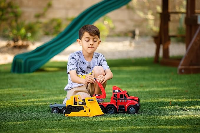 CAT Construction Toys, Heavy Movers, Semi Firetruck and Trailer with Bulldozer, Lights & Sounds, Ages 3 and up