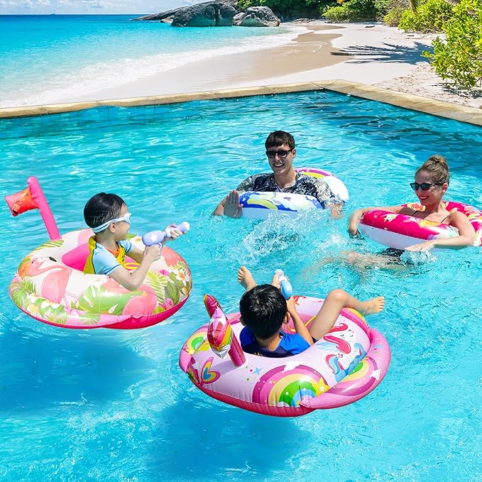 4 Pack Flamingo Unicorn Pool Floats, Swimming Pool Tubes (2Pcs Pool Floats and 2 Pcs Water Guns), Inflatable Pool Floatie, Water Battle Games for Kids