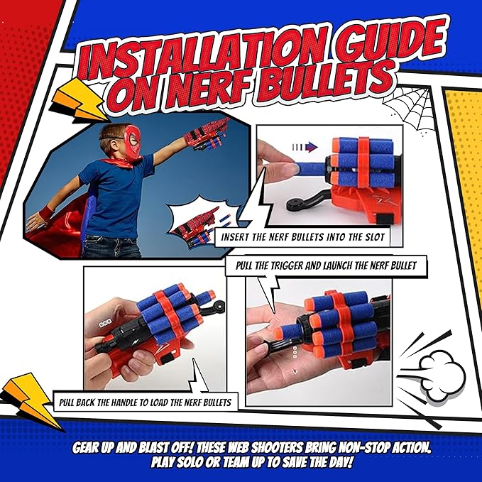 Superhero Web-Slinging Toy Set – 7-in-1 Superhero Set Includes 2 Web Shooters, 2 Hero Masks, 2 Gloves, and 1 Cape – Ideal for Indoor and Outdoor Costume Role-Playing, Imaginative Play for Kids Ages 3+