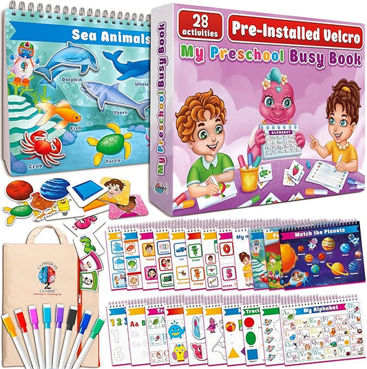 Curious 2 Learn Montessori PREASSEMBLED Busy Book for Toddlers Ages 3 and Up, Pre K Preschool Learning Activities Book - Autism Sensory Learning & Education Toys Kindergarten Workbook (Pink)