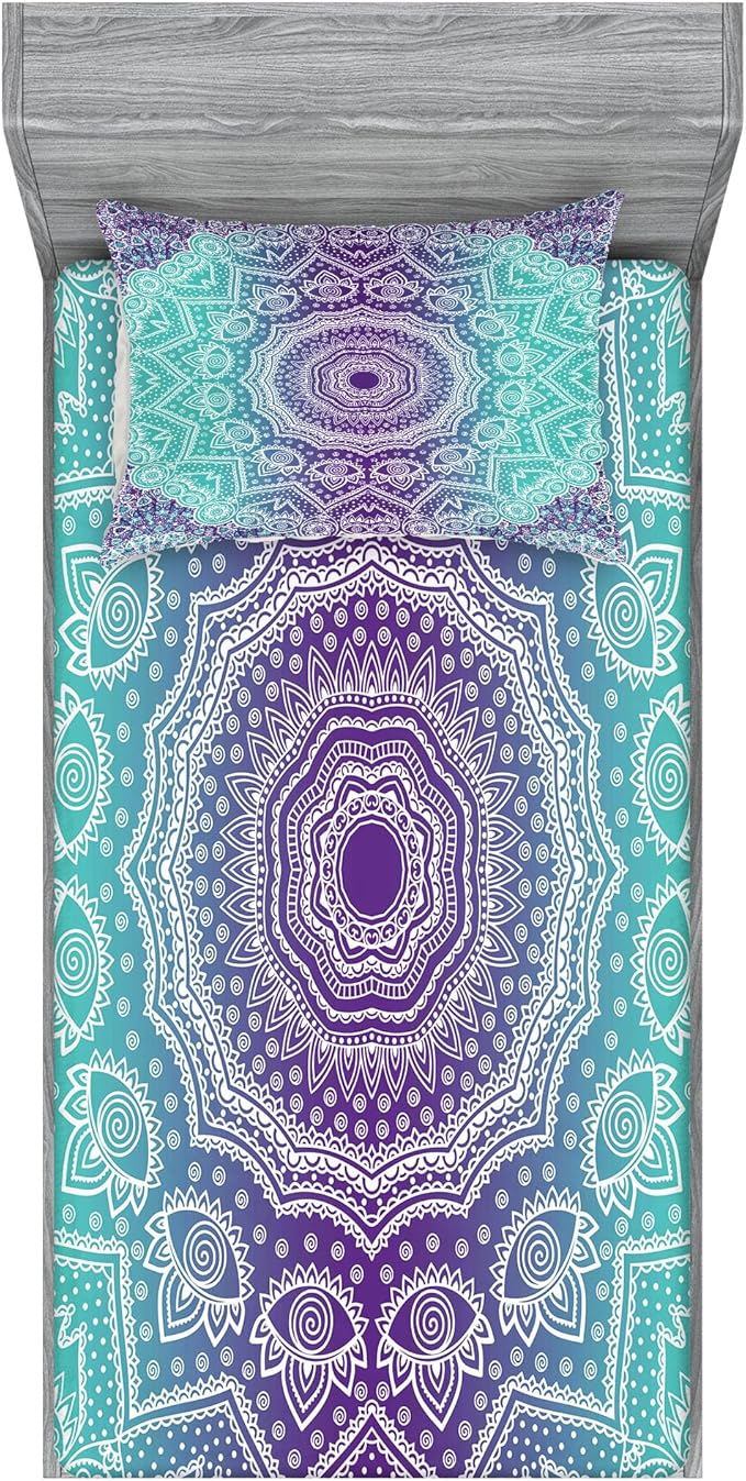 Ambesonne Purple and Turquoise Fitted Sheet & Pillow Sham Set, Hippie Ombre Mandala Inner Peace and Meditation with Ornamental Art, Decorative Printed 2 Piece Bedding Decor Set, Twin, Aqua