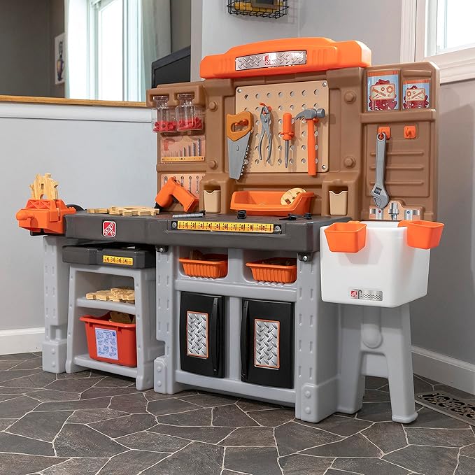 Step2 Pro Play Kids Workshop with Utility Bench, Indoor/Outdoor Tool Bench for Children, Interactive Play with Sounds, Made of Durable Plastic, Includes 76 Piece Toy Accessories, Toddlers 3+ Years Old
