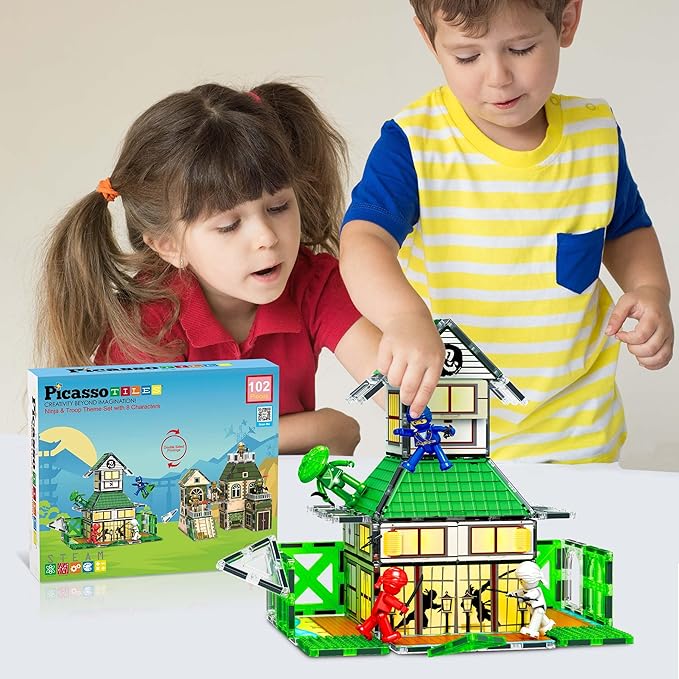 PicassoTiles 102pc Magnet Tile Building Block Ninja & Troop Theme Double Sided Printings 2in1 with 8 Character Figures Magnetic Tiles Construction Playset Fine Motor Skill STEM Educational Age3+ PTQ02