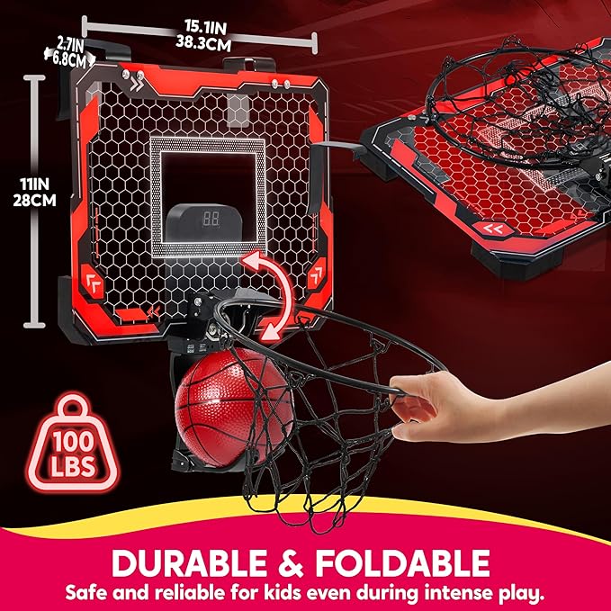 SYNCFUN Mini Indoor Basketball Hoop, Light Up Over The Door Basket Ball Hoop for Kids with Scoreboard & 4 Balls, Indoor Basketball, Toys Gifts for Boys Girls Ages 3 and UP(Red)