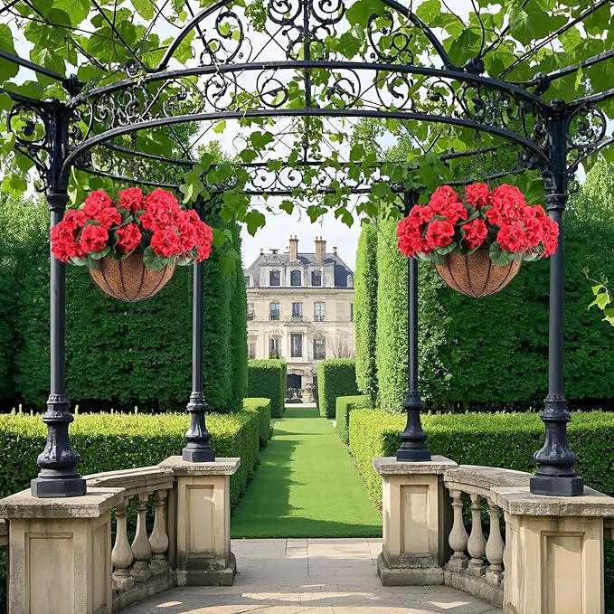 Hananona 2 Set Artificial Outdoor Geraniums Flowers with Hanging Basket, 2 Hanging Planters with 12 Pcs Red Geranium Flowers for Christmas Front Porch Garden Patio Home Decor (2, Red)