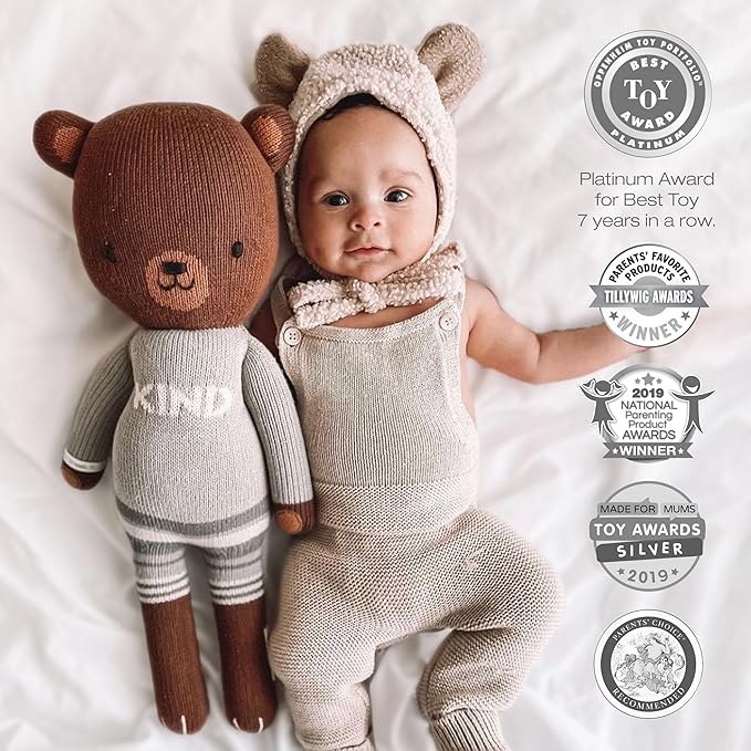 cuddle + kind Oliver The Bear Little 13" Hand-Knit Doll – 1 Doll = 10 Meals, Fair Trade, Heirloom Quality, Handcrafted in Peru, 100% Cotton Yarn