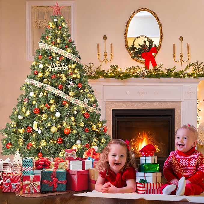 6ft Artificial Christmas Tree, Premium Spruce Hinge Material, Holiday Christmas Tree with Metal Hinges and Collapsible Base for Home Gatherings and Office Decorations