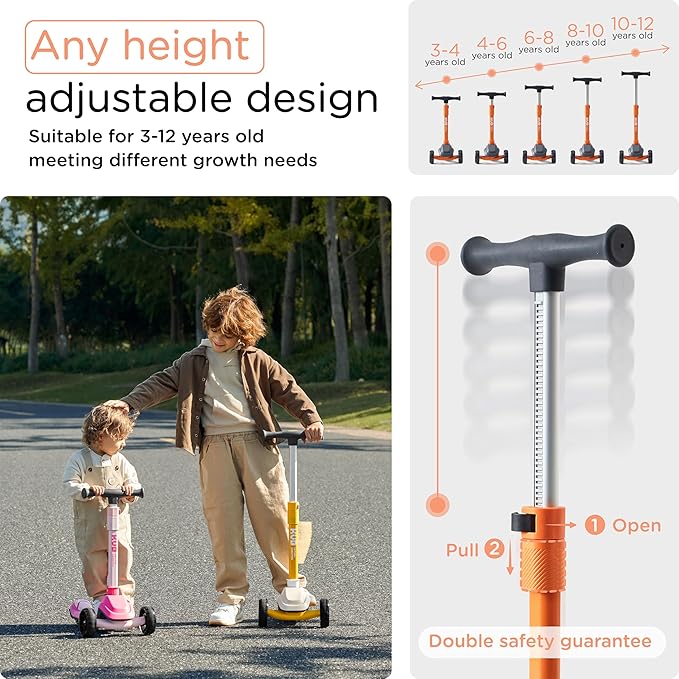 Kids Scooter, 3 LED Lighted Wheels, Any Height Adjustable Handlebar & Lean-to-Steer, Anti-Slip Deck, Easy-Fold Mechanism, Three-Wheel Scooter for Kids Ages 3-14