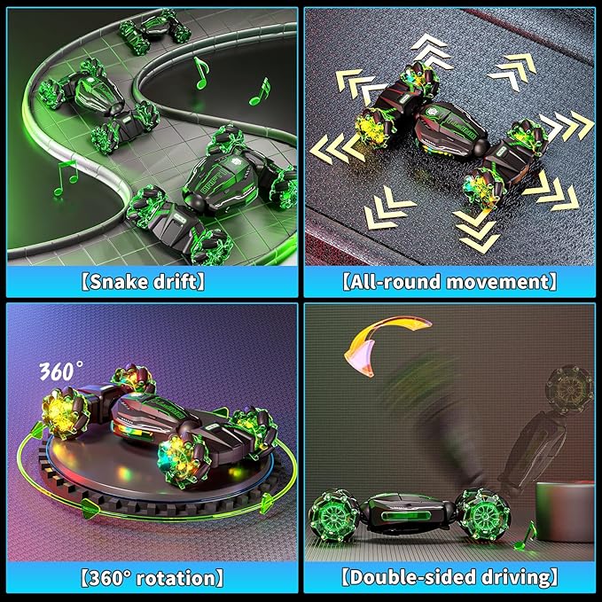 4WD Remote Control Car for Boys,2.4GHz Gesture Sensing Drift RC Cars,360°Flips Off-Road Hand Controlled RC Stunt Car with Lights Music,Toy Car Birthday Gifts for Boys Kids Age 6+ (Green