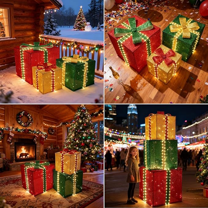 4.9FT Set of 3 Large Christmas Lighted Gift Boxes - 131 LEDs Pre Lit Presents Christmas Boxes Tower with Different Sizes for Holiday Indoor Outdoor Decoration (23.6+19.7+15.7 Inch)