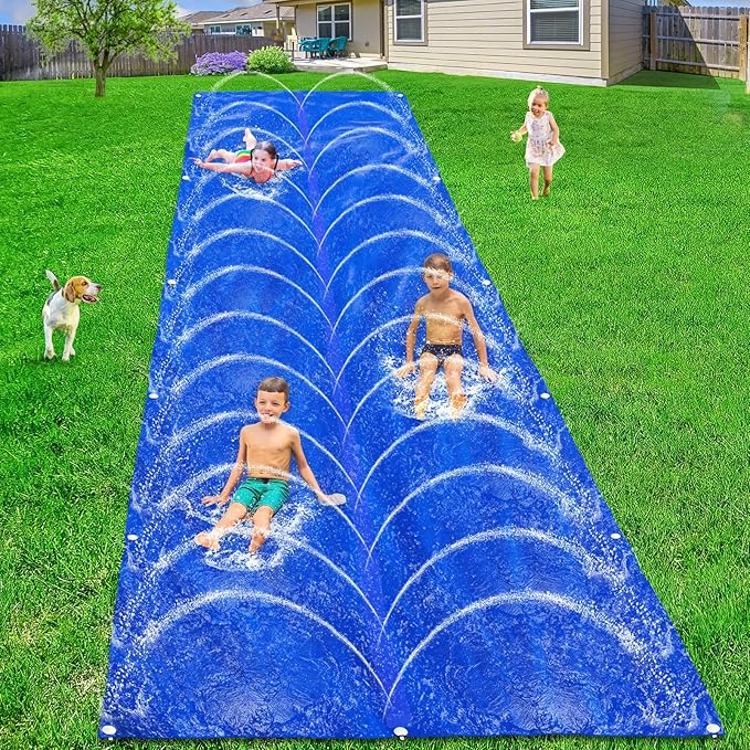 Slip n Slide, 20ft x 6ft Lawn Water Slides for Teenagers and Adults, Summer Slip Waterslides Water Toy with Build in Sprinkler for Backyard Outside Water Fun for Kids Ages 8-12(18 Stakes, Blue)