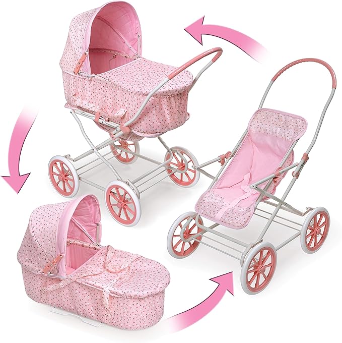 Badger Basket Just Like Mommy 3-in-1 Convertible Doll Pram, Carrier & Stroller - Pink Rosebud - Fits 18 to 22-Inch Dolls