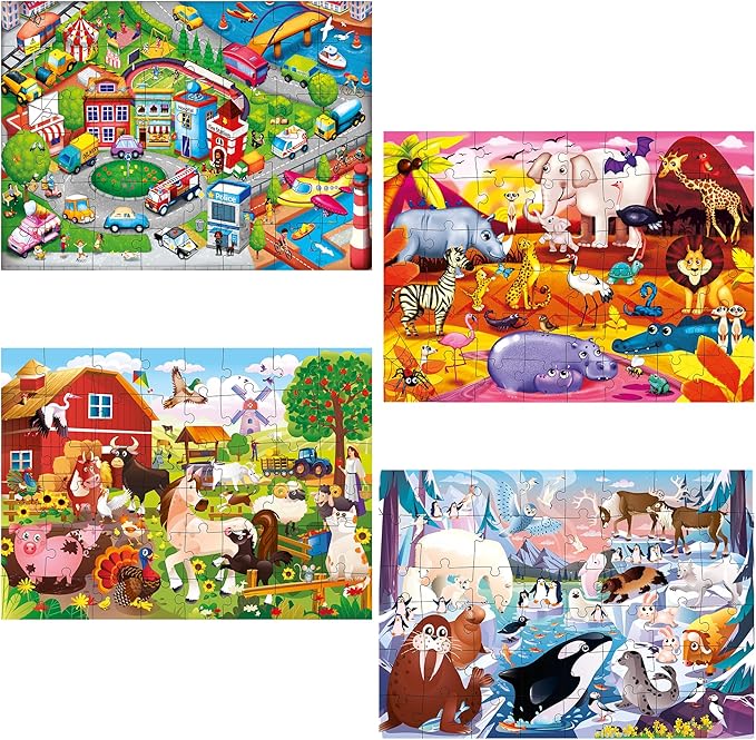 QUOKKA Puzzles for Toddlers 4-6 – 4 x 48 Pieces Jigsaw Puzzles for Kids Ages 3-5 – Learning Farm Animals for 2-4 – Jigsaw Game for Boy and Girl 3-5-7 Year Old