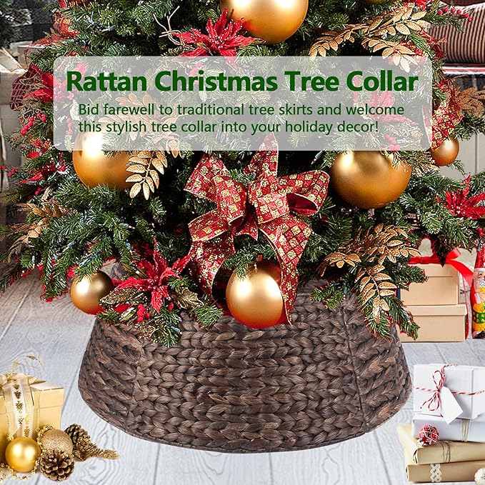 Christmas Tree Collar 24'' D Handmade Hyacinth Tree Collar Basket Rattan Wicker Christmas Woven Tree Ring Stand Base Cover for Christmas Holiday Decoration-Round Brown