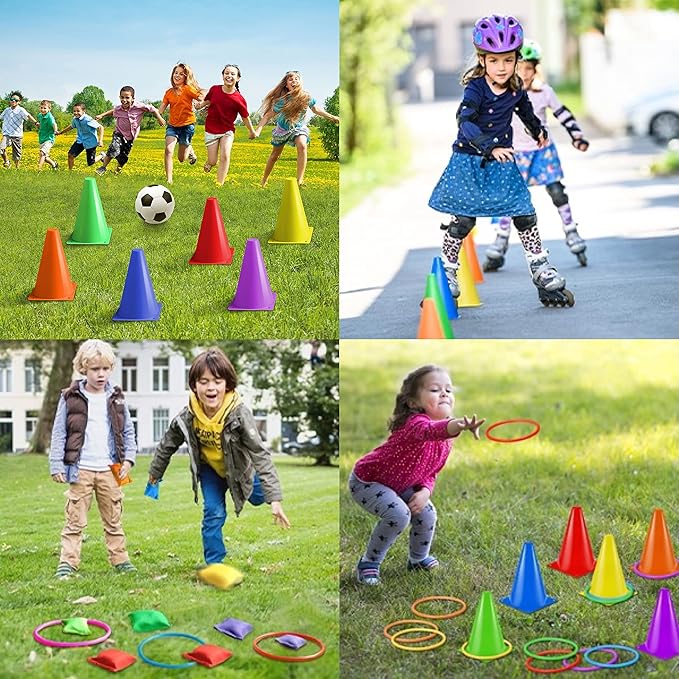Eocolz 3 in 1 Carnival Games Set, Soft Plastic Cones Bean Bags Ring Toss Games for Kids Birthday Party Outdoor Games Supplies Combo Set