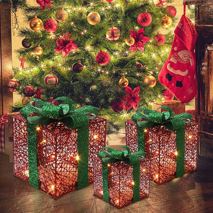 Christmas Light Gift Box Decorations, 3-Piece Set, Pre-Strung Wired Gifts with Bows, Illuminate Christmas Tree Skirt Decorations. Suitable for Indoor and Outdoor Use. (Christmas Colors)